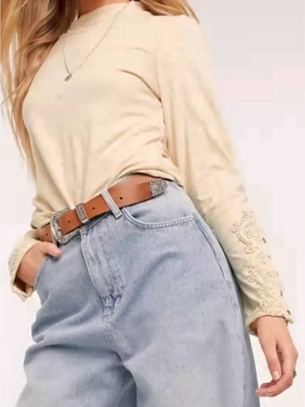 Free People We The Free Hooked On You Embroidered Cuff Top Size Large Wheat